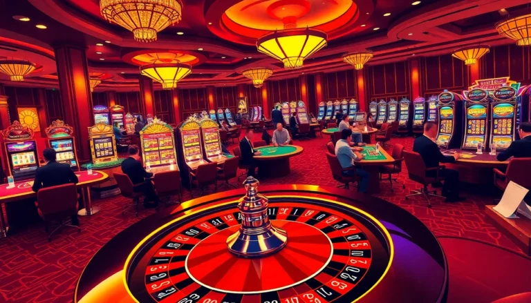 Captivating gambling scene showcasing C168 roulette wheel, vibrant slot machines, and poker tables filled with enthusiastic players.