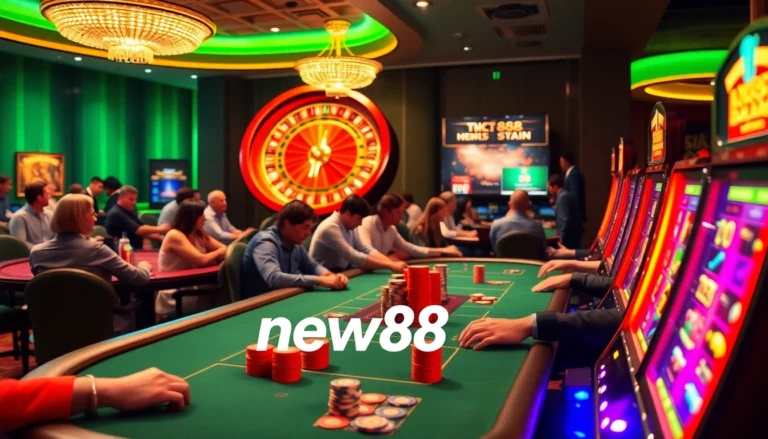 new88 casino scene with players at poker table, spinning roulette, and vibrant slot machines.