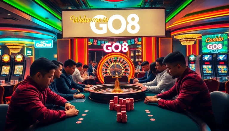 Experience the thrill of gambling at GO8 with players at an intense poker table and roulette wheel.