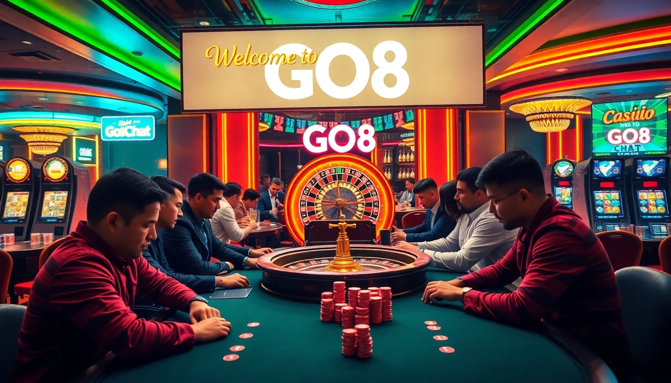 Experience the thrill of gambling at GO8 with players at an intense poker table and roulette wheel.