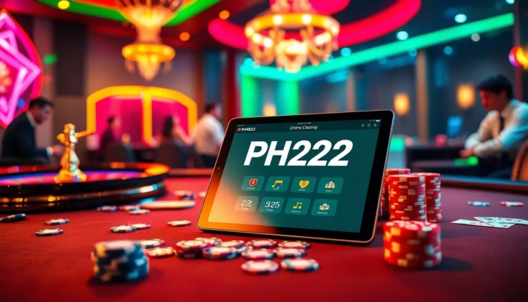 Experience the thrill of PH222 online casino with players at a poker table and a roulette wheel spinning.