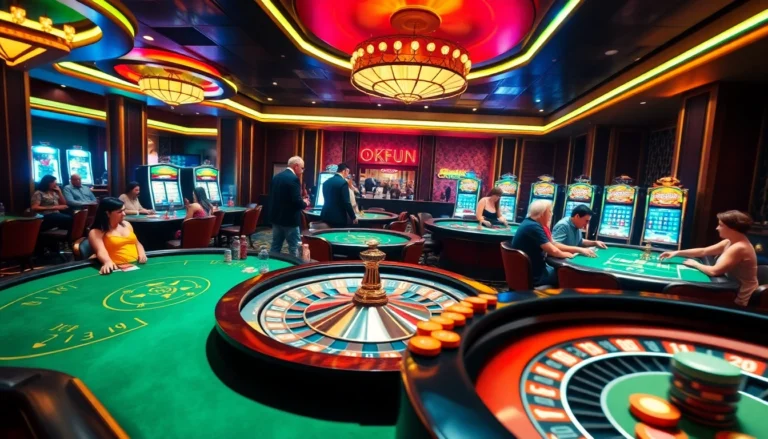 Experience the thrill of OKFUN Casino with vibrant gaming tables, spinning roulette wheels, and lively players.