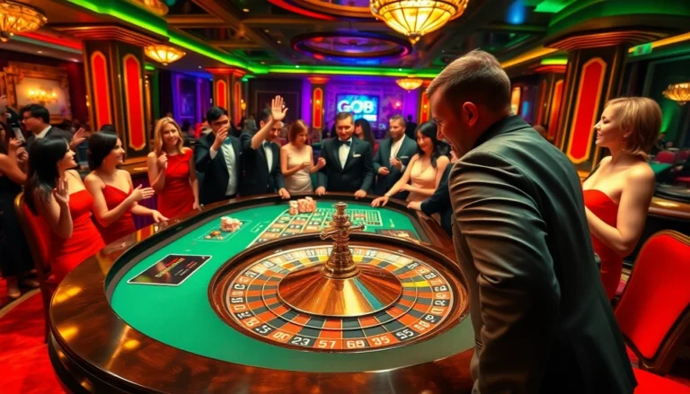 Experience the thrill of a casino as players celebrate a big win on the go8 roulette table, surrounded by vibrant atmosphere and rich colors.