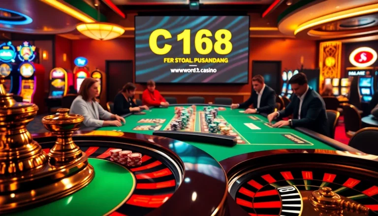 Exciting casino scene displaying the C168 poker tournament with vibrant players at tables and a roulette wheel.