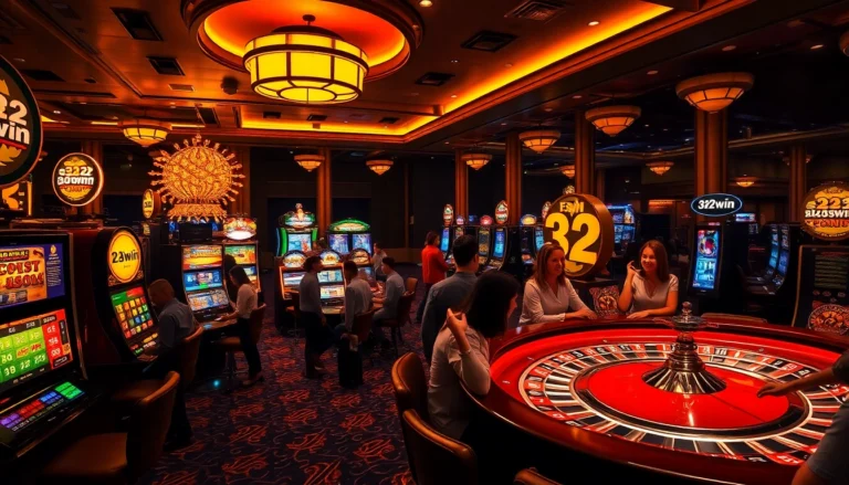 Experience the exhilarating atmosphere of the "32win" casino with players celebrating big wins amidst slot machines and roulette tables.