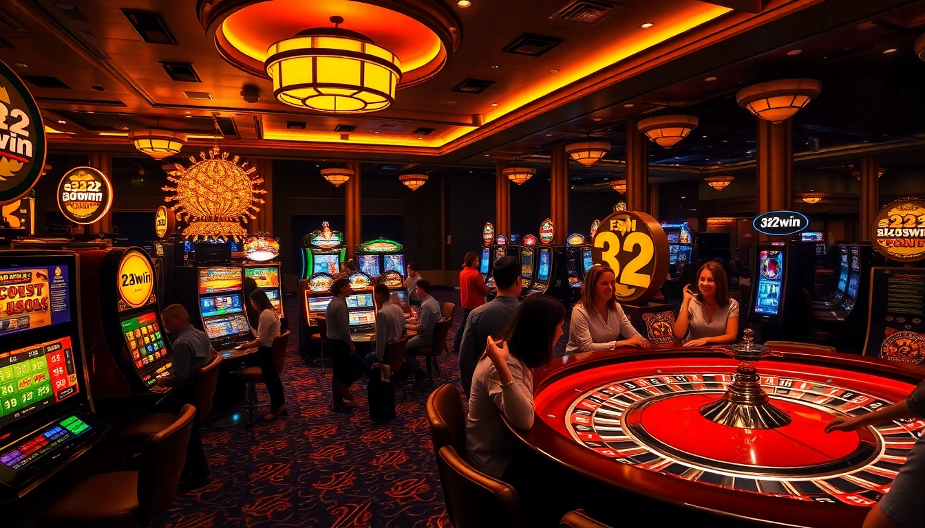 Experience the exhilarating atmosphere of the "32win" casino with players celebrating big wins amidst slot machines and roulette tables.