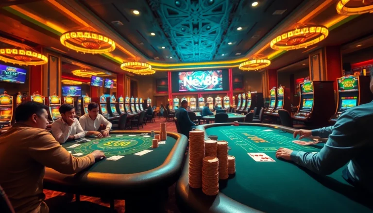 Experience the thrill of New88 Casino with players enjoying Blackjack and Poker in a vibrant gaming environment.