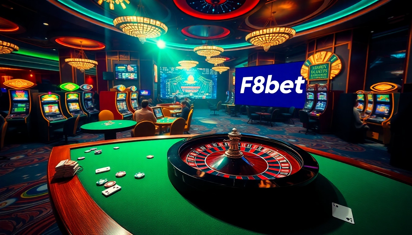 F8bet's exciting casino scene featuring players at roulette, slots, and poker tables, showcasing vibrant energy.