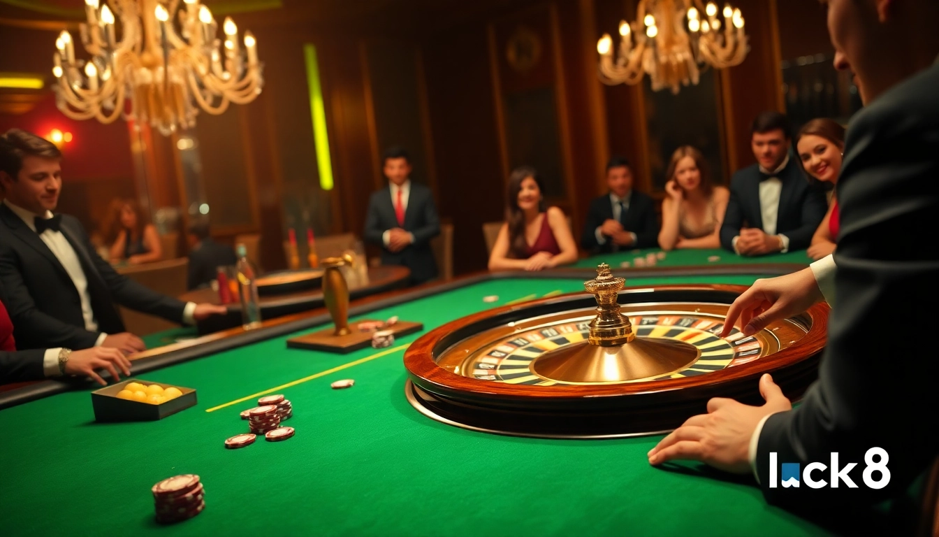 Exciting scene of a roulette table at luck8 casino with colorful chips and a spinning wheel.