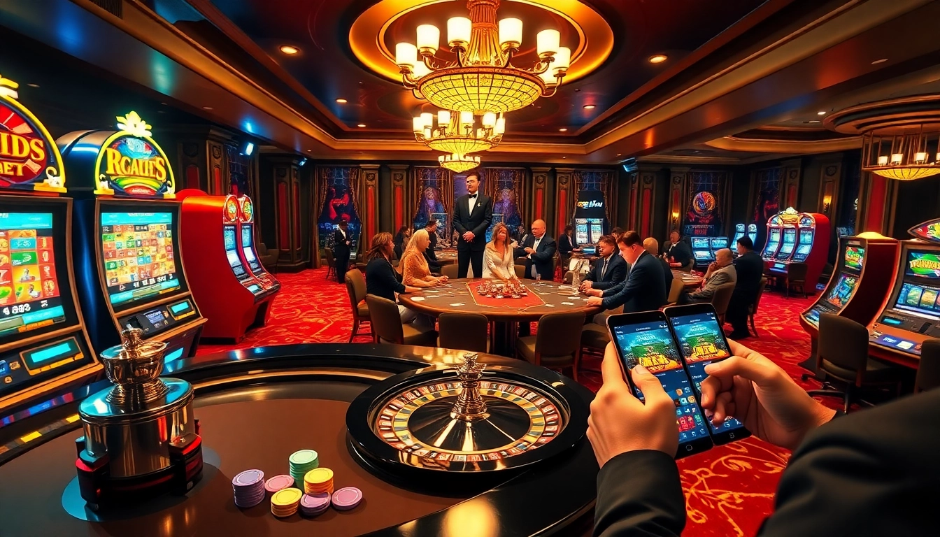 Players engaging with the f8 bet gaming experience at luxury casino tables, filled with vibrant slot machines and excitement.