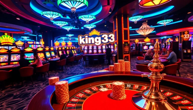 Experience the exhilarating atmosphere of king33 gambling with vibrant casino tables and enthusiastic players enjoying high-stakes poker.