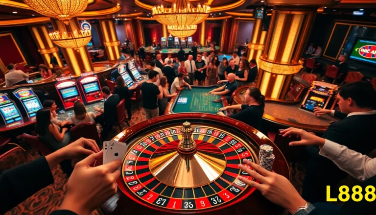 LC88 offers an exciting roulette experience with players cheering as they bet at the tables.